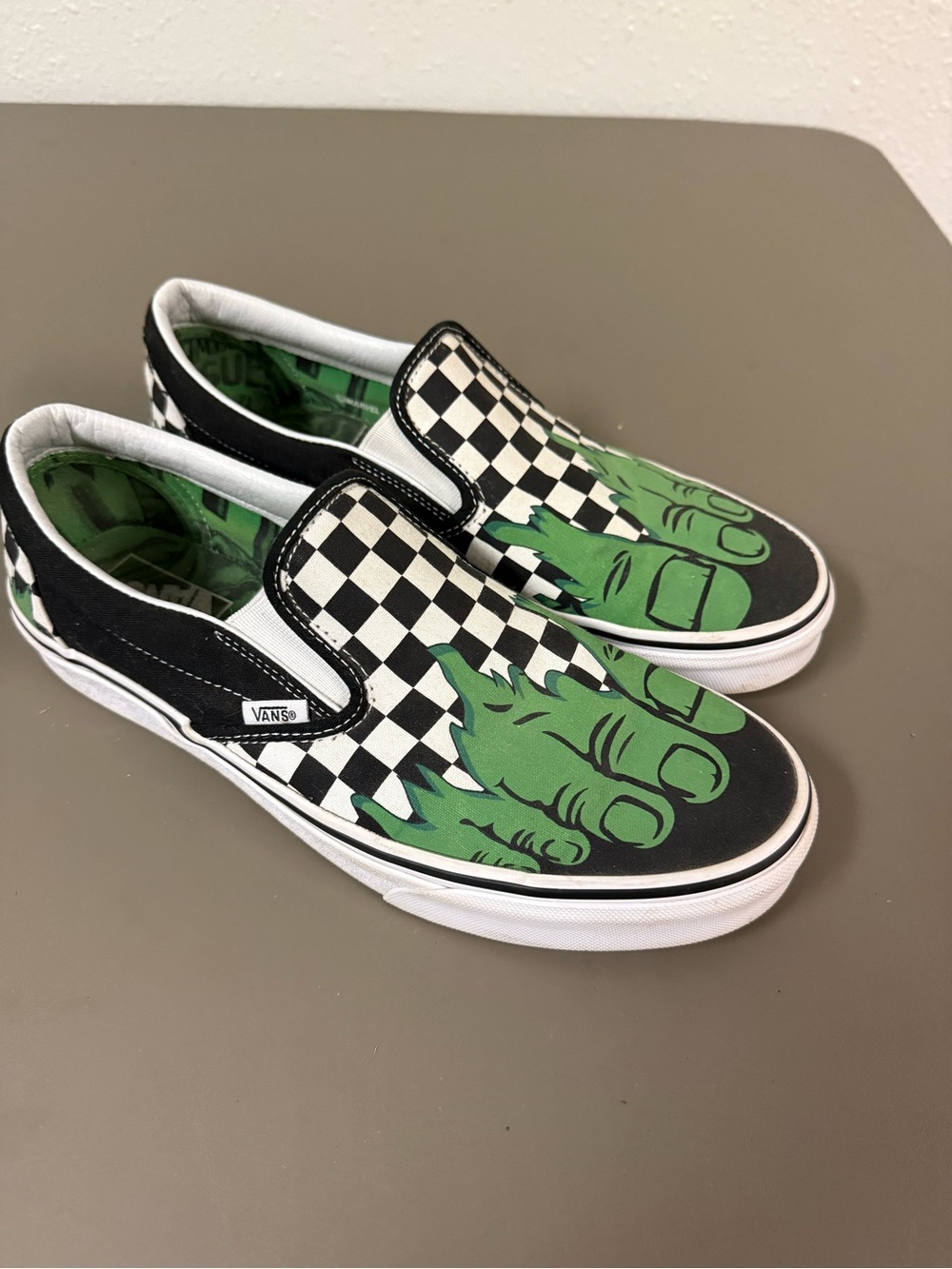 Vans Black & Green Checkerboard Slip-On with Hulk Toes *RARE